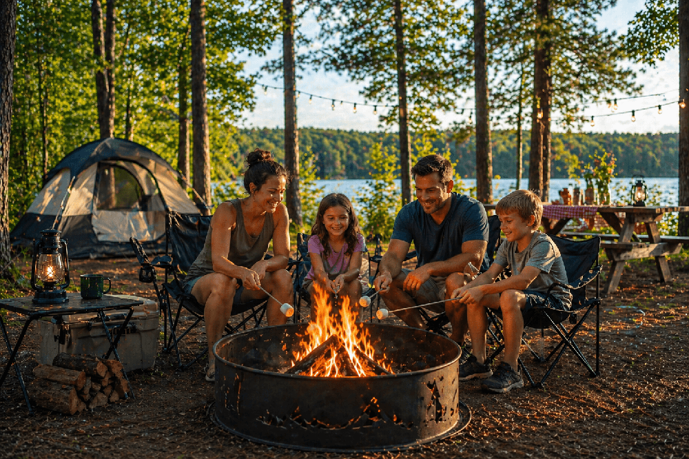 Family enjoying campfire at campground roasting marshmallows and creating memorable outdoor experiences